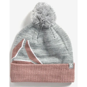 Reebok Women's Logo Intarsia‎ Pom Pom Beanie NWT Color Gray with Blush Trim